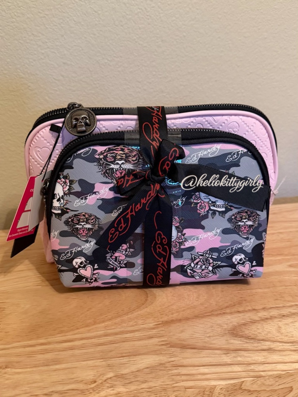 Ed Hardy Pink & Black Camo Cosmetic Pouch with Tattoo Graphics